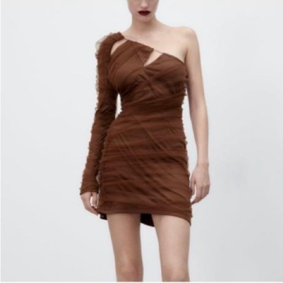 zara brown one shoulder dress One-shoulder midi dress - Dark brown